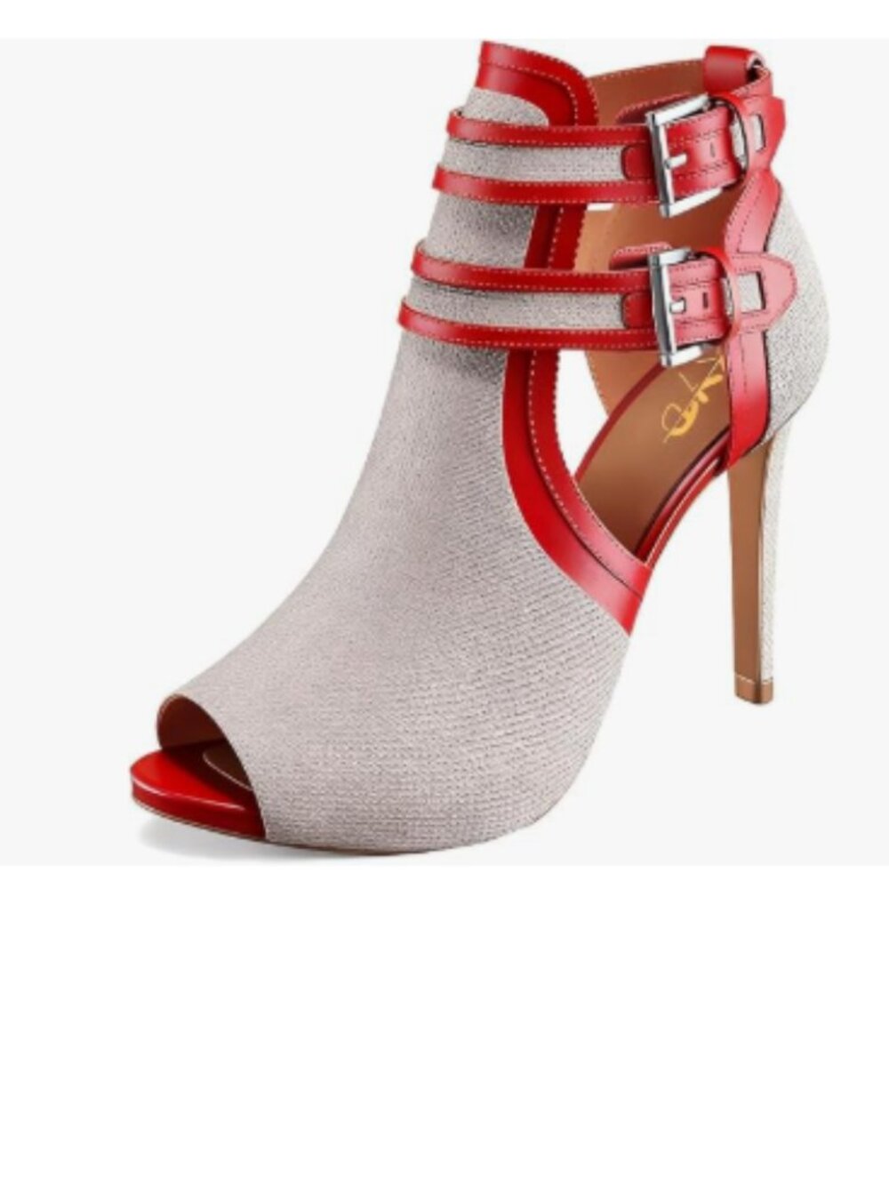 XYD Red Gray Peep Toe Ankle Booties Dual Buckled Straps Stiletto Heels Sandal